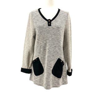 Neutral A-Line Henley Tunic Sweater w/Black Contrast Trim & Patch Pockets